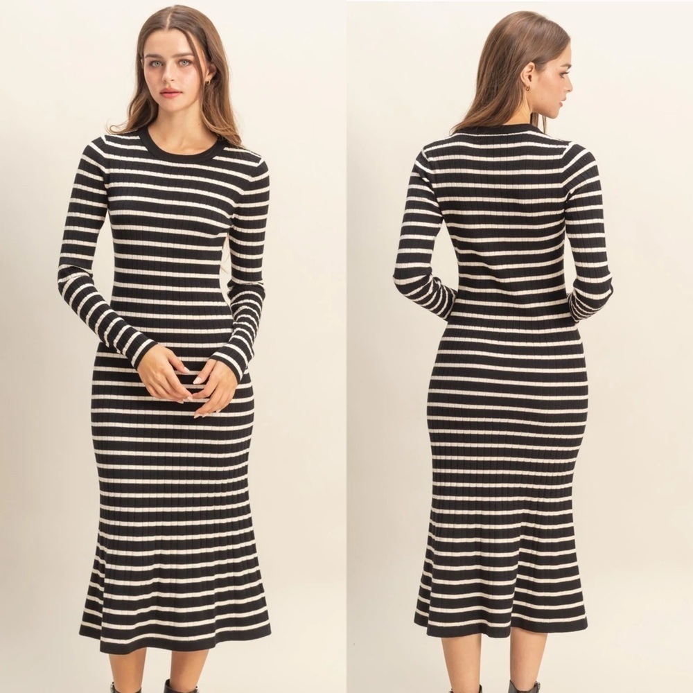 NEW HYFVE Black Striped Ribbed Midi Sweater Dress Flared Hem Size Small